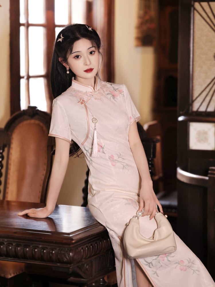 Beth and Brian Qipao-LSB Peach pattern, casual lace pink Cheongsam