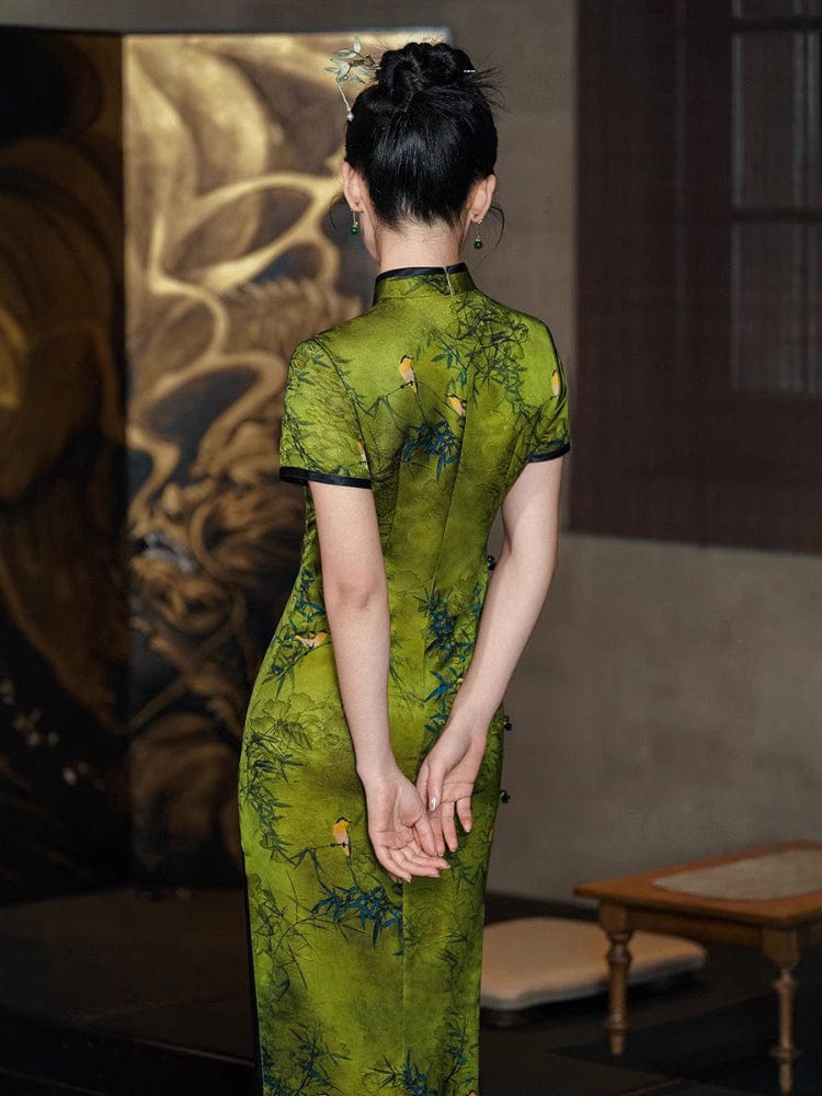 Beth and Brian Qipao-TF Bamboo pattern, Jacquard silk, green long Cheongsam