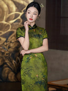 Beth and Brian Qipao-TF Bamboo pattern, Jacquard silk, green long Cheongsam