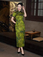 Beth and Brian Qipao-TF Bamboo pattern, Jacquard silk, green long Cheongsam