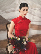 Beth and Brian Qipao-YST New Chinese style (新中式), floral pattern, long red Cheongsam