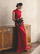 Beth and Brian Qipao-YST New Chinese style (新中式), floral pattern, long red Cheongsam