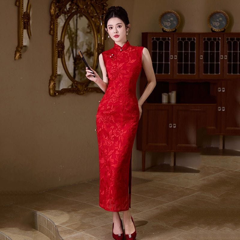 Beth and Brian Qipao-ZQYS Sleeveless, floral pattern, red midi Cheongsam