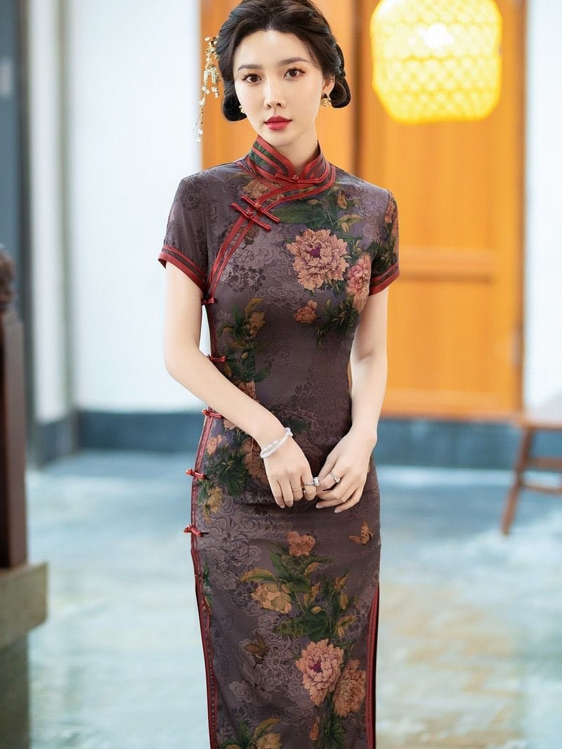 Beth and Brian Qipao-TQX Hua luo satin, floral print, green&purple long Cheongsam