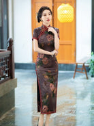 Beth and Brian Qipao-TQX Hua luo satin, floral print, green&purple long Cheongsam