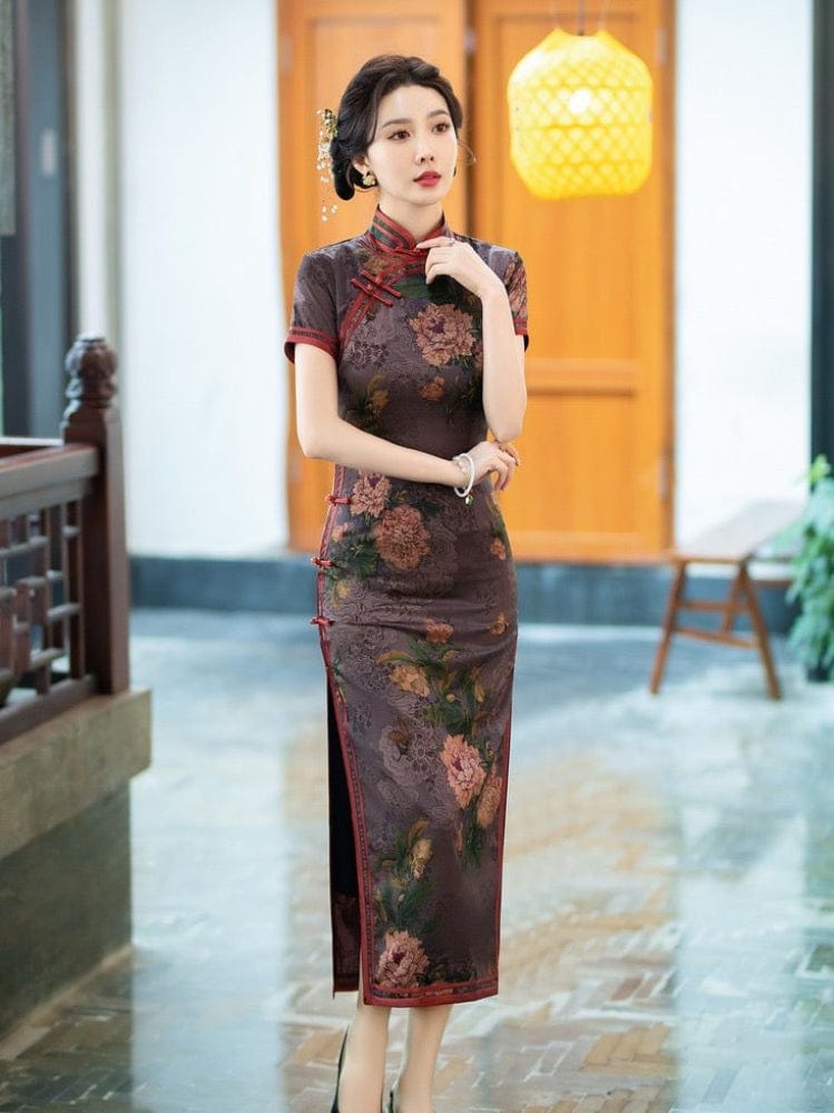Beth and Brian Qipao-TQX Hua luo satin, floral print, green&purple long Cheongsam