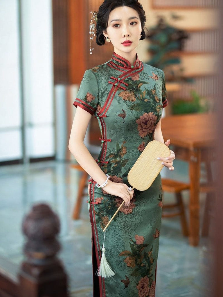 Beth and Brian Qipao-TQX Hua luo satin, floral print, green&purple long Cheongsam