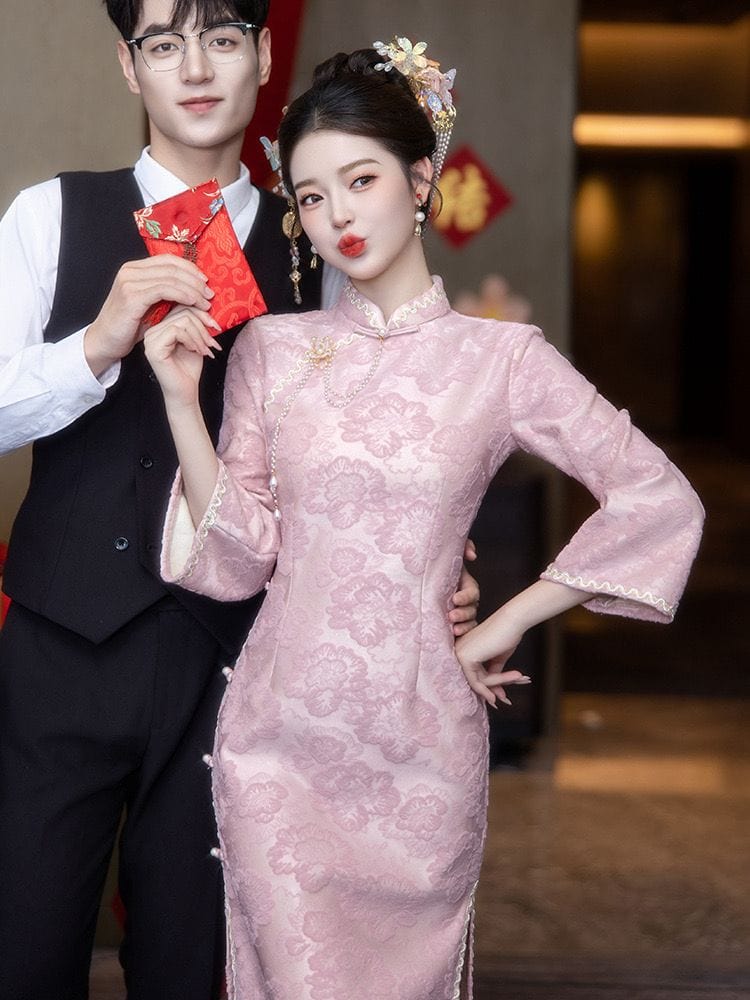 Beth and Brian Qipao-LSB Floral pattern, wedding jacquard midi Cheongsam