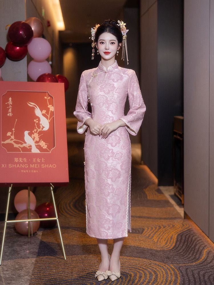 Beth and Brian Qipao-LSB Floral pattern, wedding jacquard midi Cheongsam
