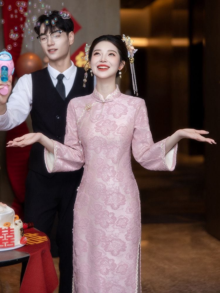 Beth and Brian Qipao-LSB Floral pattern, wedding jacquard midi Cheongsam