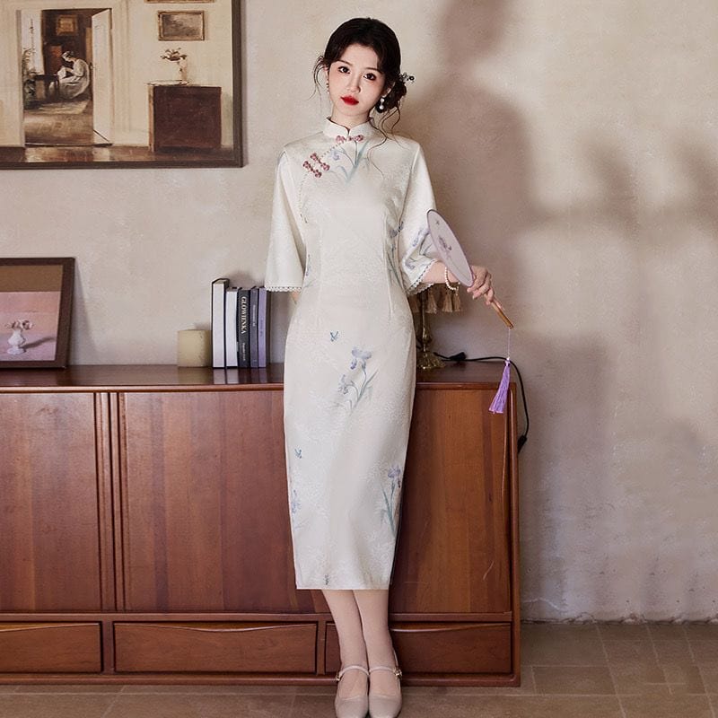 Beth and Brian Qipao-ZQYS Floral pattern, jacquard white midi Cheongsam