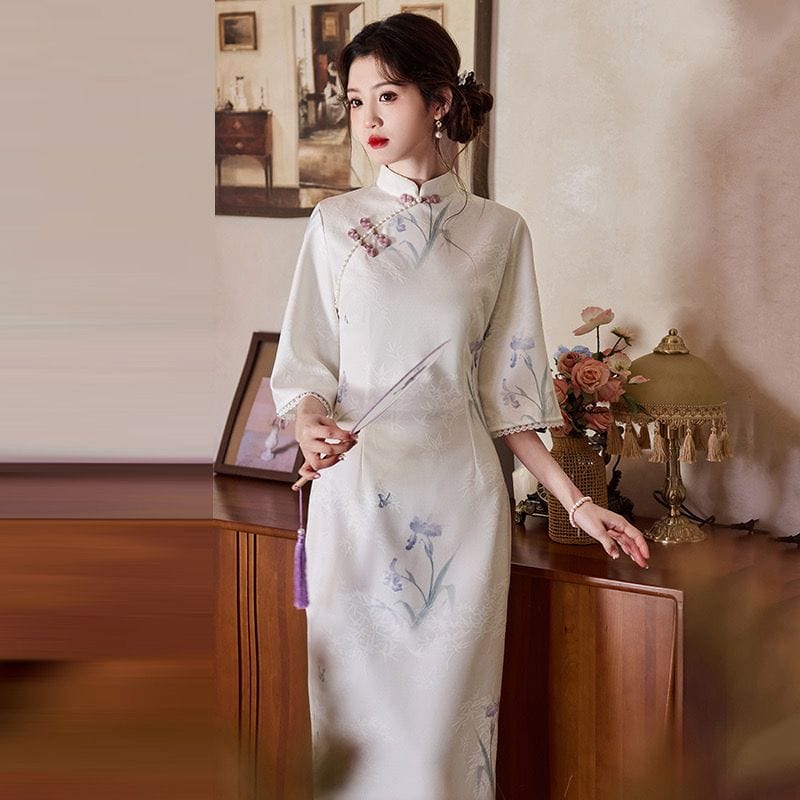Beth and Brian Qipao-ZQYS Floral pattern, jacquard white midi Cheongsam