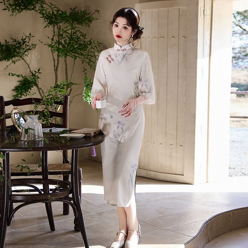 Beth and Brian Qipao-ZQYS Floral pattern, jacquard white midi Cheongsam