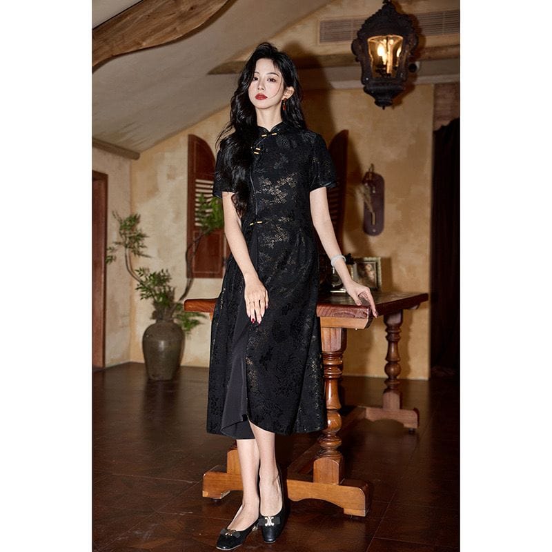 Beth and Brian Qipao-HY Floral pattern, lace black midi Ao dai