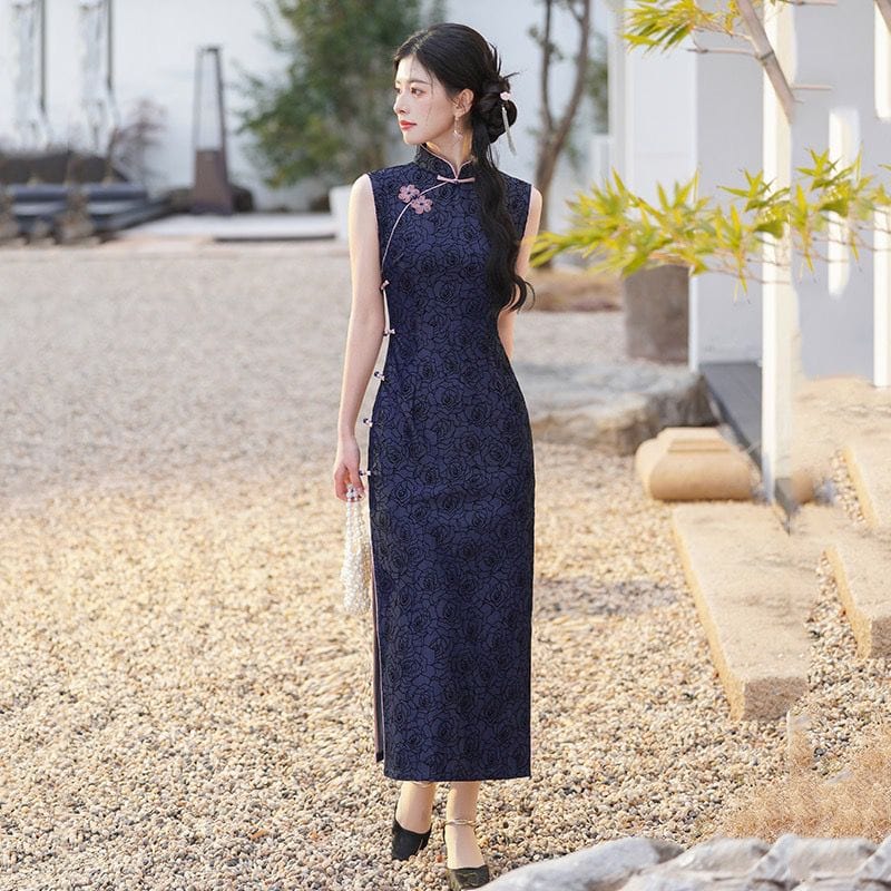 Beth and Brian Qipao-ZQYS Flocking fabric, floral midi Cheongsam