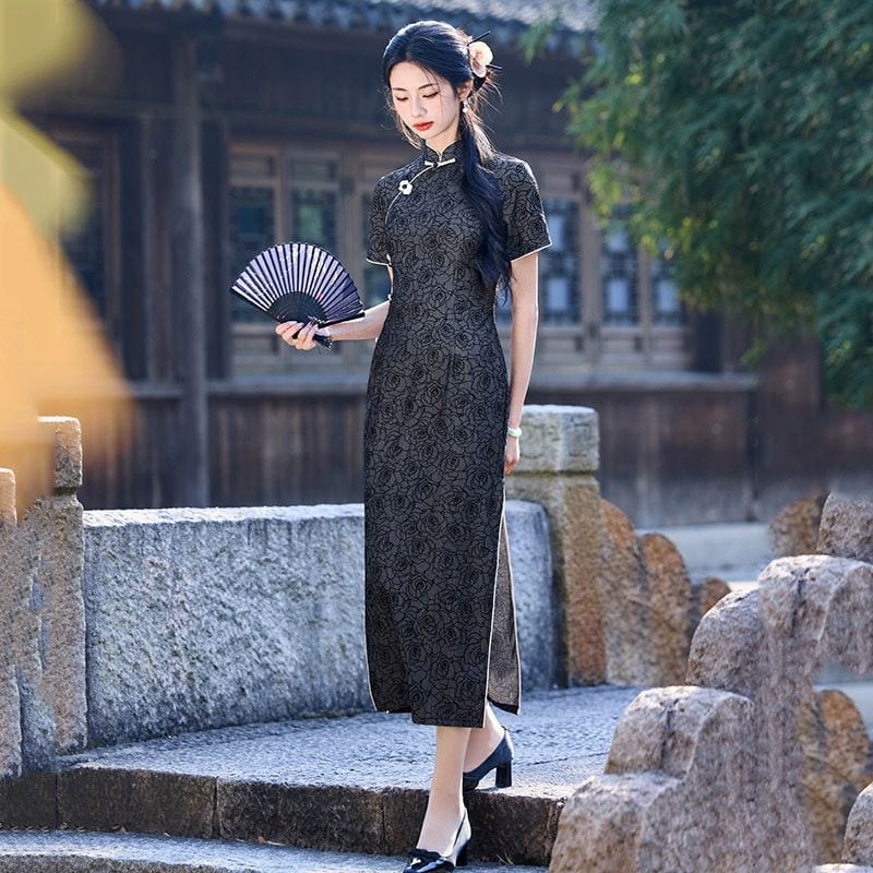 Beth and Brian Qipao-ZQYS Flocking fabric, floral midi Cheongsam