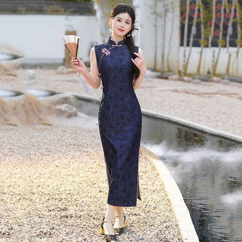 Beth and Brian Qipao-ZQYS Flocking fabric, floral midi Cheongsam