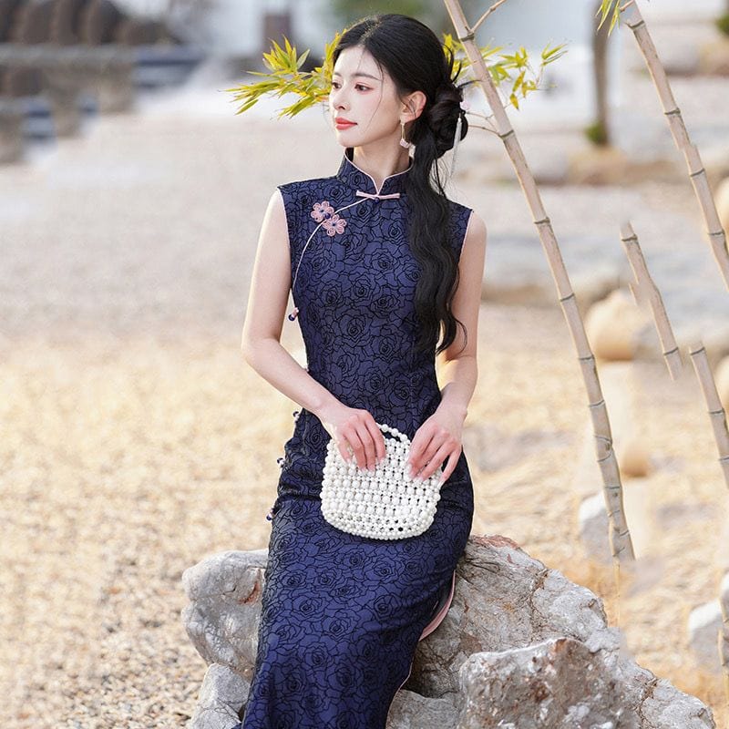 Beth and Brian Qipao-ZQYS Flocking fabric, floral midi Cheongsam