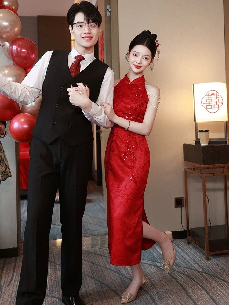 Beth and Brian Qipao-FMS Sleeveless, halter wedding midi Cheongsam