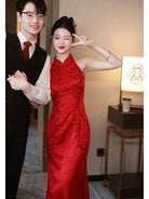 Beth and Brian Qipao-FMS Sleeveless, halter wedding midi Cheongsam