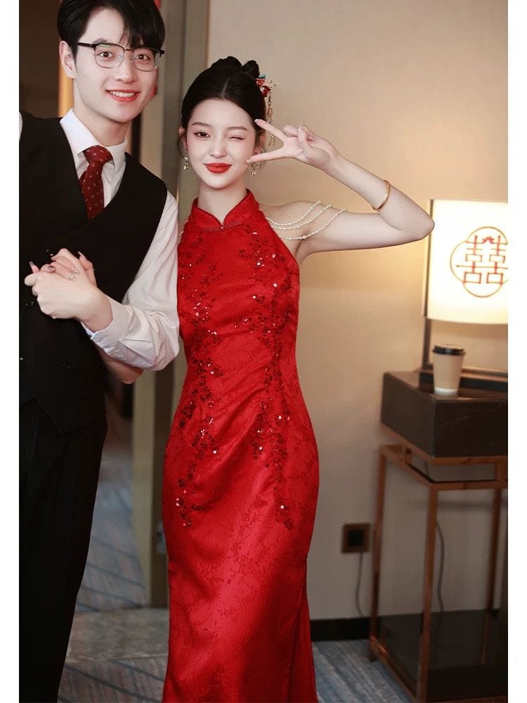 Beth and Brian Qipao-FMS Sleeveless, halter wedding midi Cheongsam