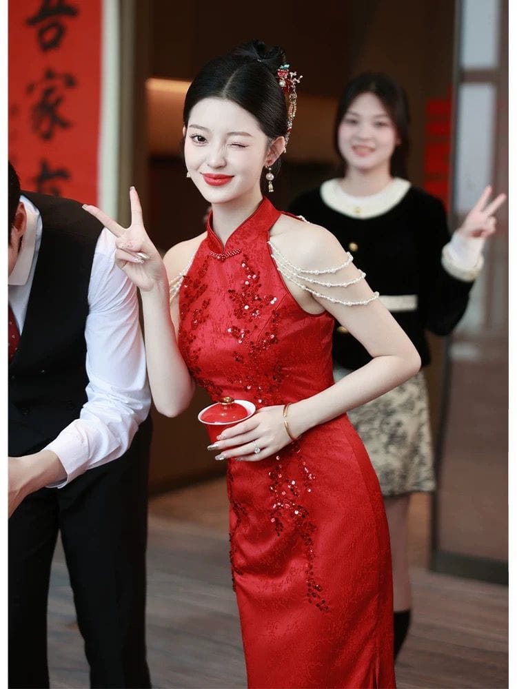 Beth and Brian Qipao-FMS Sleeveless, halter wedding midi Cheongsam