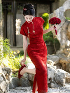 Beth and Brian Qipao-QX Floral pattern, wine red wedding Cheongsam