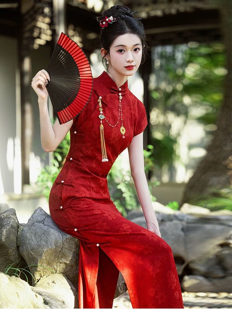 Beth and Brian Qipao-QX Floral pattern, wine red wedding Cheongsam