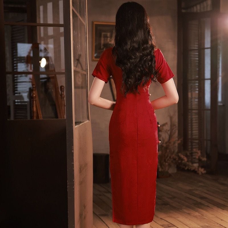 Beth and Brian Qipao-YG Summer collection, wedding red midi Cheongsam