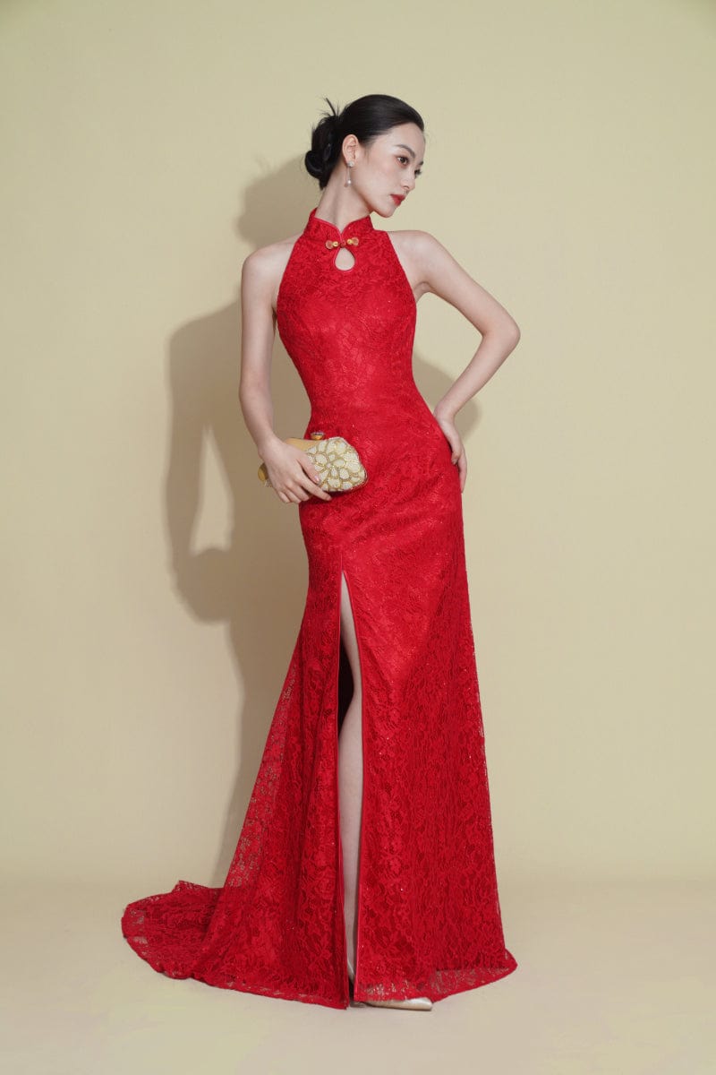 Beth and Brian Qipao - Exclusive Exclusive designer collection, halter lace fishtail Cheongsam