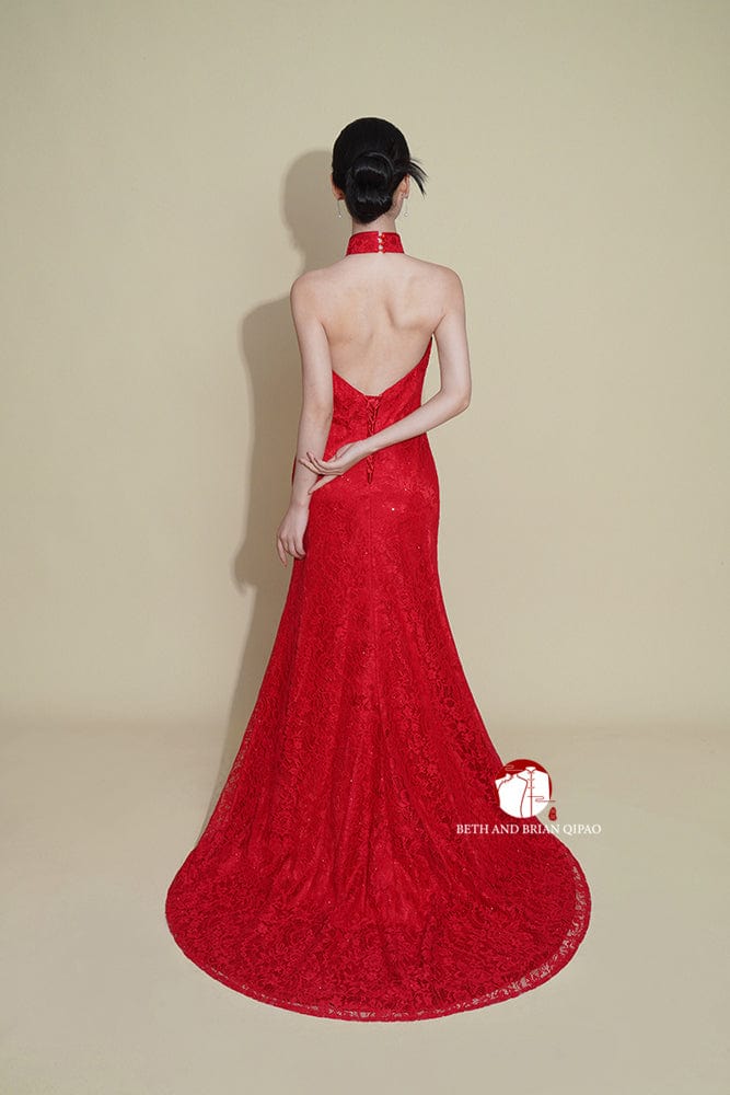 Beth and Brian Qipao - Exclusive Exclusive designer collection, halter lace fishtail Cheongsam