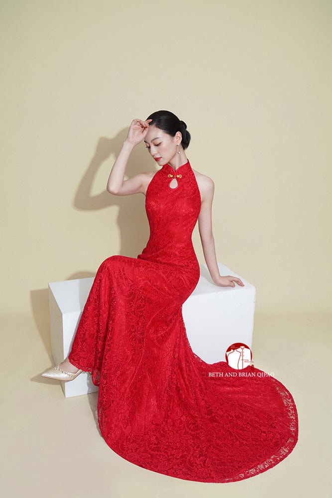Beth and Brian Qipao - Exclusive Exclusive designer collection, halter lace fishtail Cheongsam