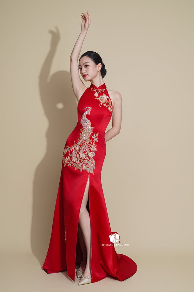 Beth and Brian Qipao - Exclusive Exclusive designer collection, peacock embroidery, halter fishtail Cheongsam