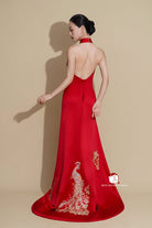 Beth and Brian Qipao - Exclusive Exclusive designer collection, peacock embroidery, halter fishtail Cheongsam