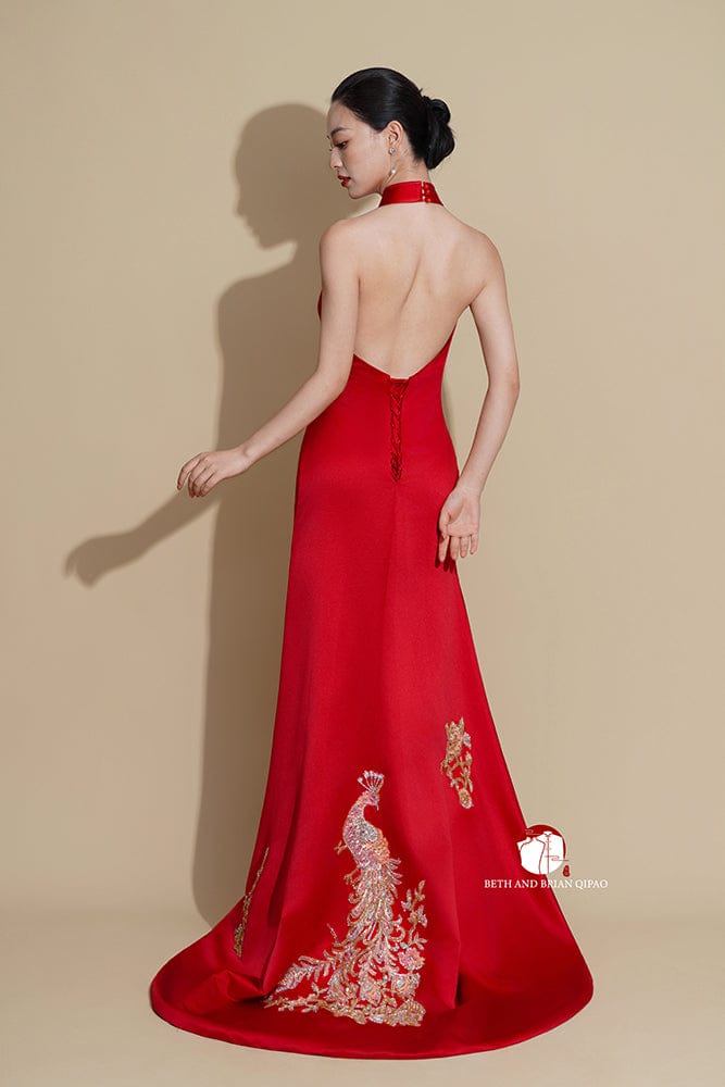 Beth and Brian Qipao - Exclusive Exclusive designer collection, peacock embroidery, halter fishtail Cheongsam