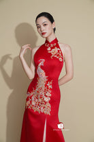 Beth and Brian Qipao - Exclusive Exclusive designer collection, peacock embroidery, halter fishtail Cheongsam