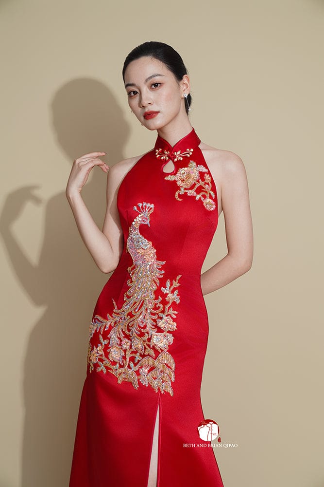 Beth and Brian Qipao - Exclusive Exclusive designer collection, peacock embroidery, halter fishtail Cheongsam