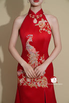 Beth and Brian Qipao - Exclusive Exclusive designer collection, peacock embroidery, halter fishtail Cheongsam