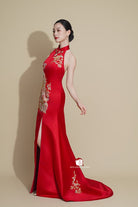 Beth and Brian Qipao - Exclusive Exclusive designer collection, peacock embroidery, halter fishtail Cheongsam