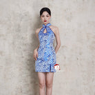 Beth and Brian Qipao-Exclusivedesigner Exclusive designer collection, blue and white porcelain, water-drop collar short Qipao