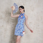 Beth and Brian Qipao-Exclusivedesigner Exclusive designer collection, blue and white porcelain, water-drop collar short Qipao
