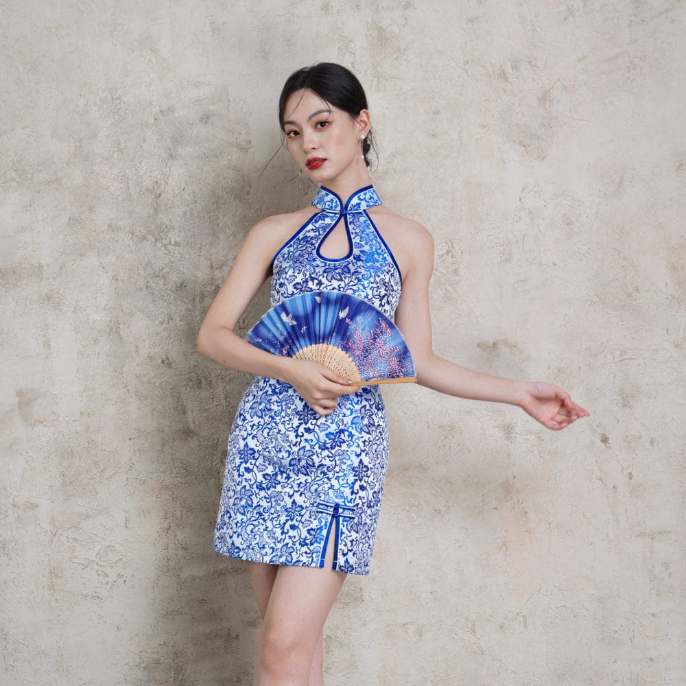 Beth and Brian Qipao-Exclusivedesigner Exclusive designer collection, blue and white porcelain, water-drop collar short Qipao