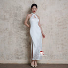 Beth and Brian Qipao-Exclusivedesigner Exclusive designer collection, water-drop collar satin long Qipao