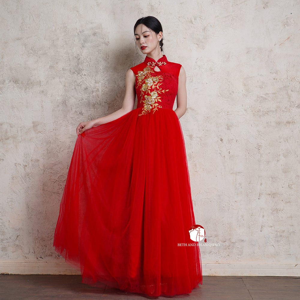 Beth and Brian Qipao - Exclusive Exclusive designer collection, Floral embroidery, A-line floor length Cheongsam