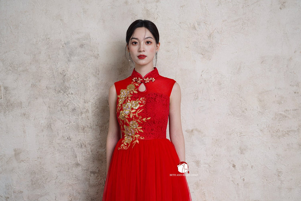 Beth and Brian Qipao - Exclusive Exclusive designer collection, Floral embroidery, A-line floor length Cheongsam