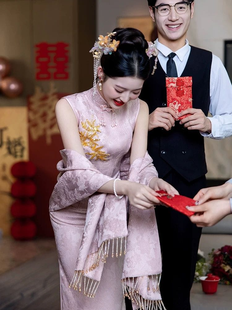 Beth and Brian Qipao-GR Maple leaf embroidery, wedding midi Qipao set