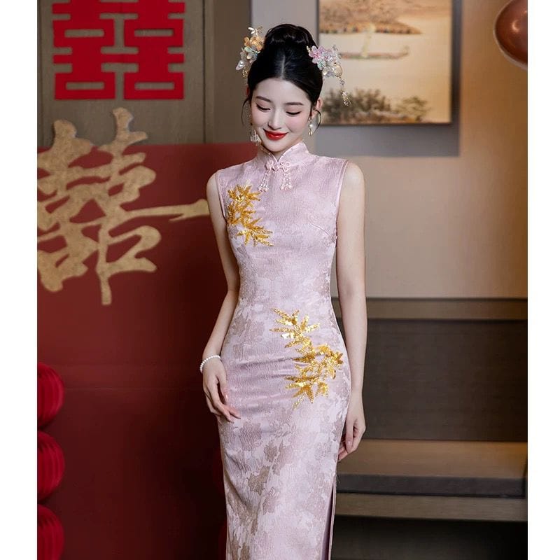 Beth and Brian Qipao-GR Maple leaf embroidery, wedding midi Qipao set