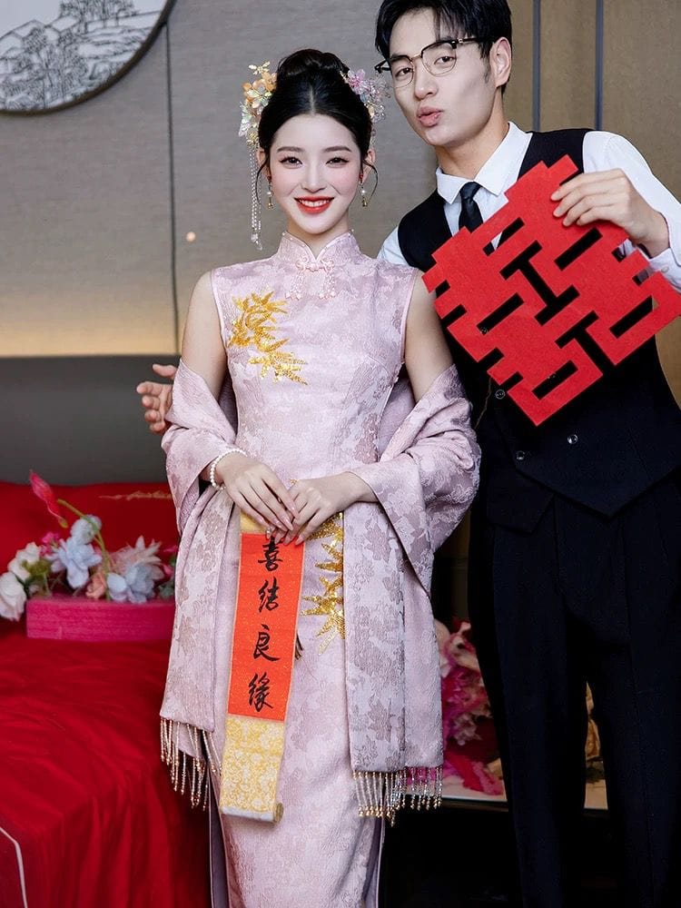 Beth and Brian Qipao-GR Maple leaf embroidery, wedding midi Qipao set