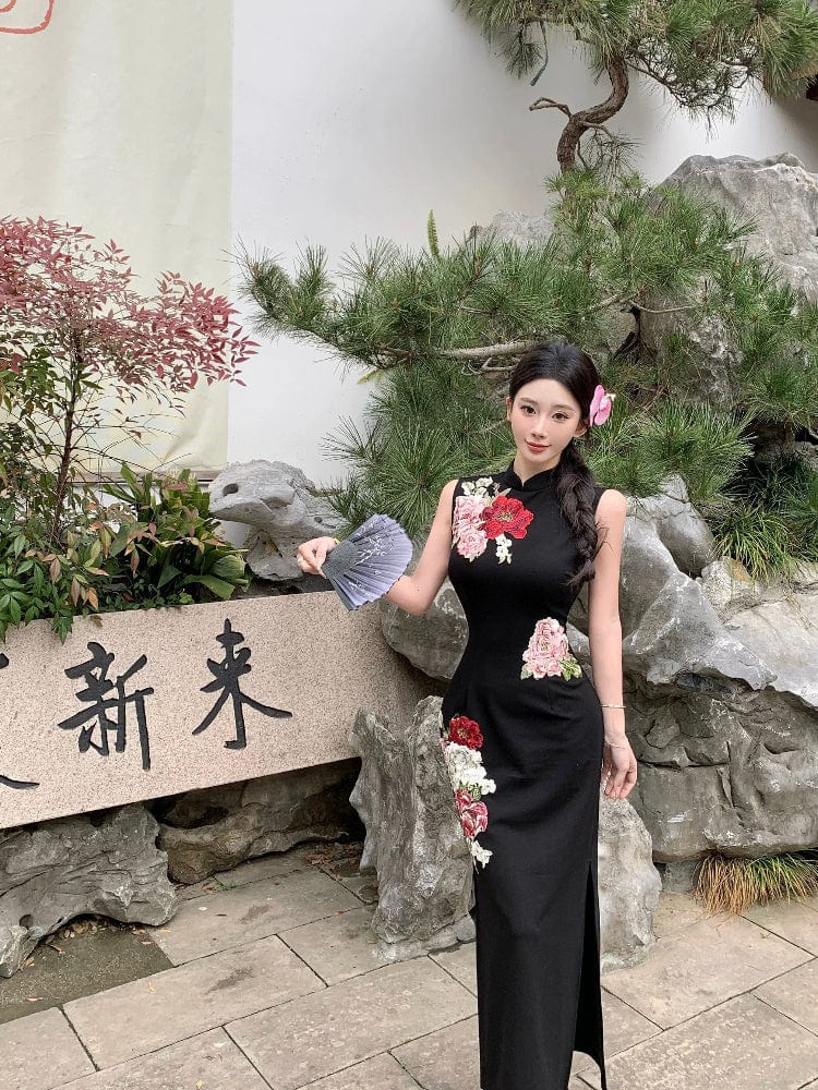 Beth and Brian Qipao-MIMO Sleeveless, New Chinese style(新中式), black long Cheongsam