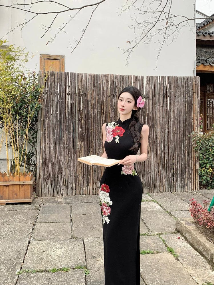 Beth and Brian Qipao-MIMO Sleeveless, New Chinese style(新中式), black long Cheongsam